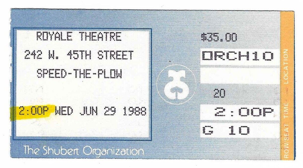 Madonna 6/29/88 New York City Ny Stars In Speed The Plow Rare Ticket Stub!