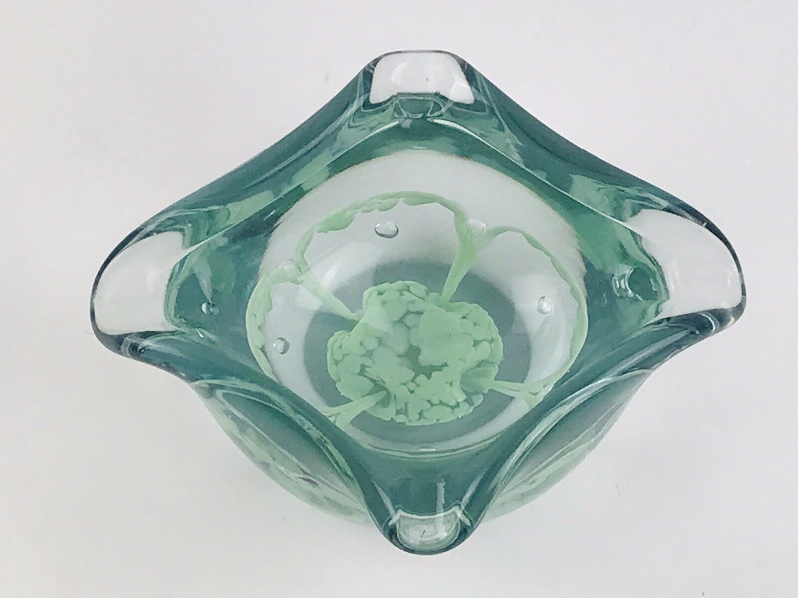 Vintage Handblown Ashtray Bowl St. Clair Art Glass Green Blue Seafoam Flower Mcm