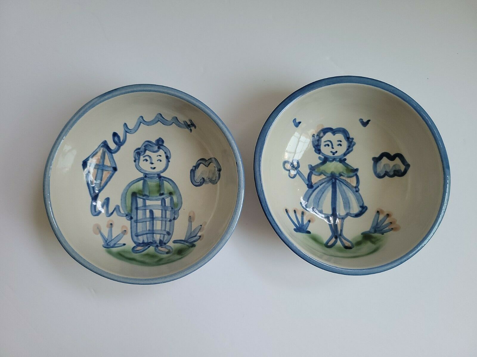 Ma Hadley Handpainted Little Boy W/a Kite And Little Girl W/a Flower Bowls